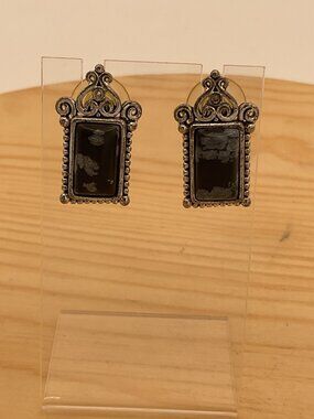 Vintage Snowflake Obsidian Ornate Silver Tone Post Earrings Gothic Boho Filigree